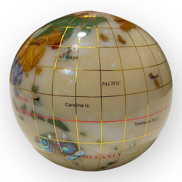 3” Gemstone Globe Paperweight with Opalite Ocean Semi-Precious Stone World Map - Picture 2 of 11